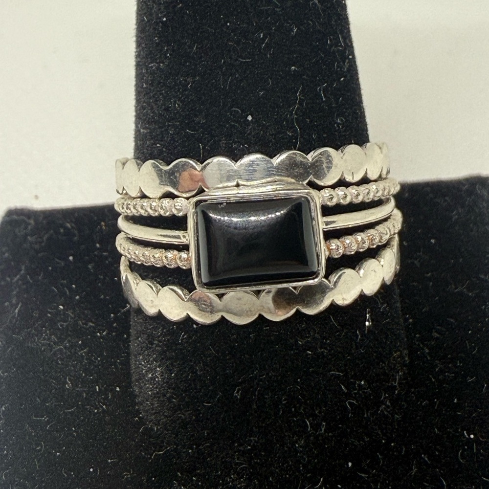 5 Stack Ring Set Black Onyx And Sterling Silver S… - image 3